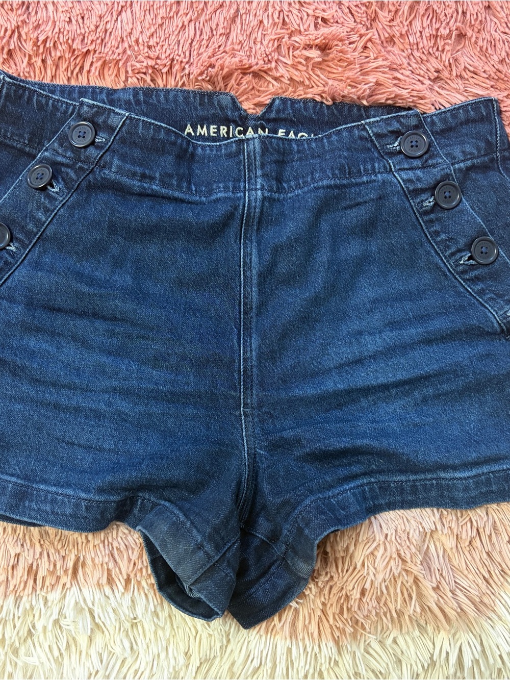 American Eagle Outfitters Dark Blue High-Rise Denim mom Shorts with Side Buttons
